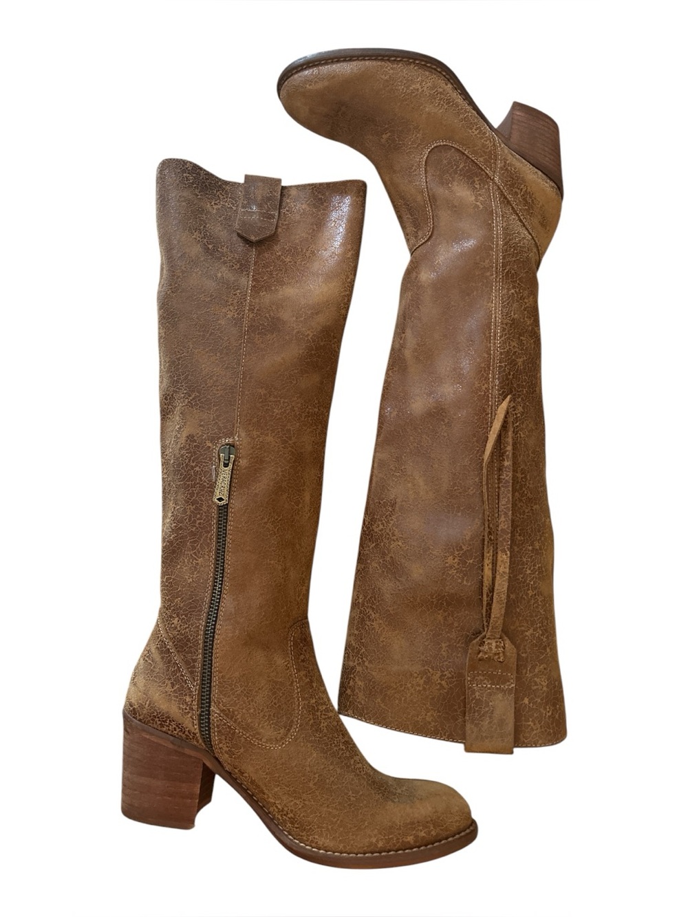 Veracruz Brown Crackle Leather Knee High Boots Stacked Heel Made in Spain EU 38